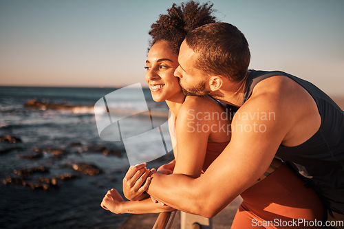 Image of Couple hug and kiss at beach with sunset, outdoor with love and care in nature, exercise with sea view mockup. Black woman, man and relationship commitment, fitness together and happy content people