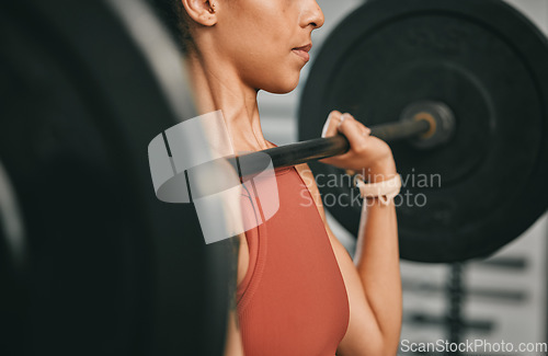 Image of Gym fitness, barbell workout and black woman doing muscle performance exercise, strength training or bodybuilding. Strong girl, body health or bodybuilder weightlifting for athlete wellness lifestyle