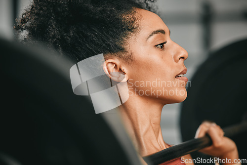 Image of Gym face, barbell workout and black woman doing muscle fitness performance, strength training or bodybuilding. Exercise, strong body health or bodybuilder weightlifting for athlete wellness lifestyle