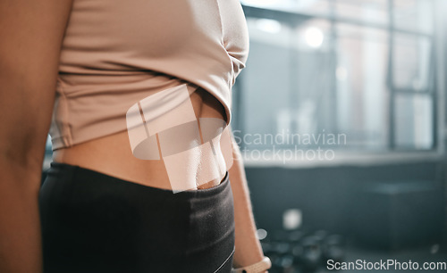 Image of Fitness, stomach and woman in a gym for exercise, health or wellness for weightloss training. Sports, tummy tuck and closeup of a slim female athlete or model abs after a workout in a sport center.