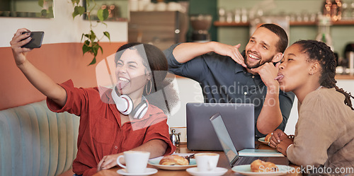 Image of Smile, funny and selfie with friends in coffee shop for lunch break, social media and food blog. Technology, internet and diversity with group of people in cafe for live streaming, comedy and reunion