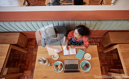 Image of Top, writing and people in partnership at cafe for startup, planning and brainstorming. Coffee shop, owners and man with woman talking, vision and small business, creative and from above