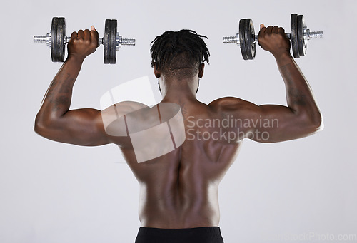 Image of Fitness, exercise and training of strong black man with dumbbell in studio. Body or back of bodybuilder person doing workout to train with weights for power, health and wellness or growth motivation