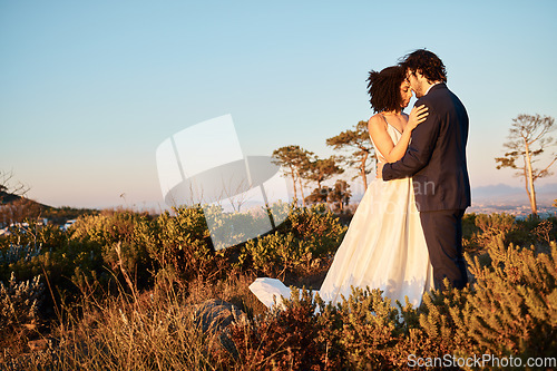 Image of Intimate, wedding couple and hug in nature with mock up of marriage celebration in Africa outdoor. Commitment, save the date and love with bride, man and calm embrace with blue sky together in union