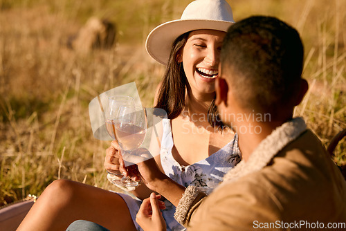 Image of Couple with wine, outdoor picnic and happiness, romantic date with alcohol and commitment with adventure. Travel, man and woman with happy people, love and care with cheers, holiday and romance