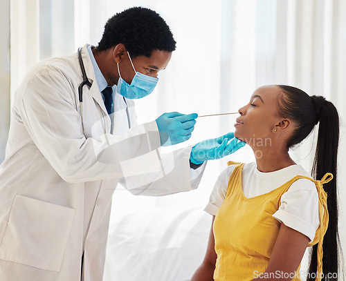 Image of Doctor, patient or covid swab test in hospital checkup, clinic wellness or bacteria virus control. Black woman, cotton or nose with healthcare worker in disease sample, medical research or compliance