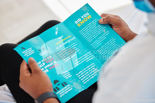 Image of Covid, brochure and person reading information on a virus for safety, security and protection. Healthcare, advice and patient with knowledge of vaccination on document from clinic with instructions