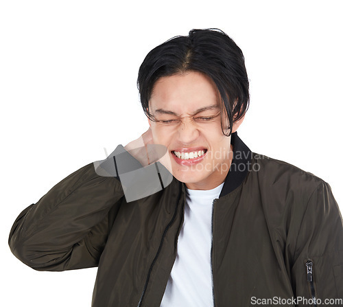 Image of My neck. Neck pain, stress and man with muscle strain in isolated in against a studio white background. Injury, crisis and frustrated young male hurt by burnout, fatigue and pressure.