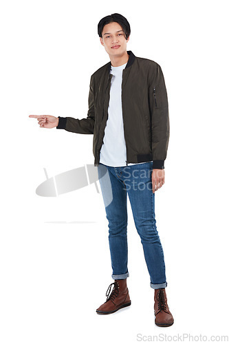 Image of Idea, mockup and pointing with portrait of man for question, product and deal choice. Target, solution and sales with isolated guy for discount, decision and planning in white background studio