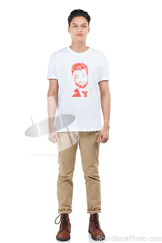 Image of Serious, young and portrait of a handsome Asian man isolated on a white background in studio. Confidence, attractive and lifestyle Japanese model in casual clothing for fashion on a studio background