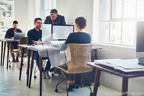 Image of Training, coaching and business people with computer in office. Teamwork, leadership and collaboration of employees and mature men on pc working on advertising, marketing or sales project in company