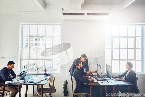 Image of Coaching, training and business people on computer pointing in office. Teamwork, collaboration and mature manager on pc helping coworker with advertising proposal, marketing report or sales project.