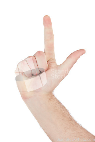 Image of Teacher, hand or counting fingers on isolated white background in mathematic solution, problem solving or education addition. Zoom, model or man gesture in countdown, timer or emoji on studio mockup