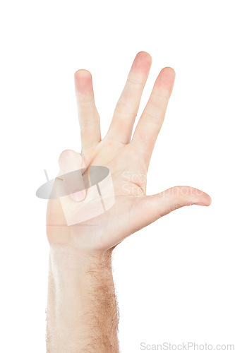 Image of Man, hand and closeup on number four in n studio for countdown, gesture or signal on white background. Hand, guy and communication with fingers for counting, signing or sign language while isolated