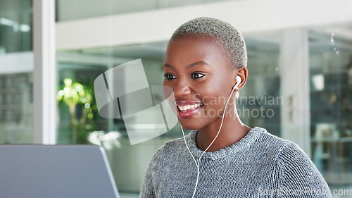 Image of Video call, meeting and training with a business woman talking online for a workshop, coaching or seminar. Internet, strategy and webinar with a young female employee working and speaking on a laptop