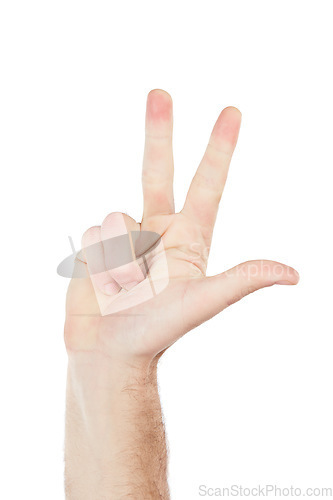 Image of Man, hand or counting fingers in mathematic solution, problem solving or education addition on isolated white background. Zoom, model or teacher gesture in numbers countdown, timer or emoji in studio