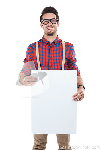 Image of Portrait, man and billboard in studio for advertising, space or billboard branding on white background. Face, paper and mock up by handsome guy with banner, marketing and smile, happy and isolated