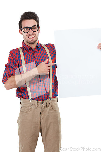 Image of Portrait, banner and portrait of man in studio with paper, billboard and mockup on white background. Face, placard and young entrepreneur excited about advertising, space and standing isolated