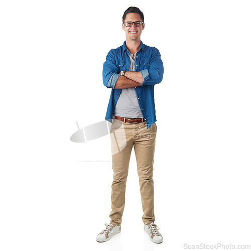 Image of Portrait, fashion and mockup with a man in studio isolated on a white background standing arms crossed. Trendy, casual and mock up with a handsome young male posing on blank space in stylish clothes