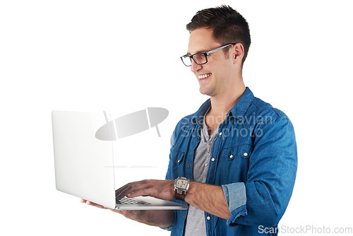 Image of Studio, laptop and business man with glasses reading news, online website or social media isolated on white background. Digital technology, software and email marketing of employee, worker or user