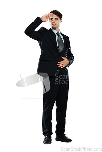 Image of Salute, leadership and business man on a white background for management, vision and agreement. Corporate worker, success and isolated male model with hand gesture, military signal and sign in studio