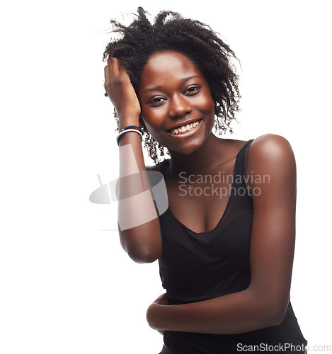 Image of Portrait, beauty and black woman with natural hair in studio for hair treatment against white background. Face, girl and haircare for positive African girl with curly, texture and afro while isolated