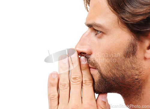 Image of Man, studio and profile with hands, thinking or focus by white background with anxiety in headshot. Model, decision and isolated for future ideas, goal or inspiration for closeup, motivation or dream