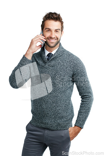 Image of Phone call, portrait or business man happy for loan review, finance or invest for success. Smile, communication or manager on smartphone for networking, b2b network or planning in white background