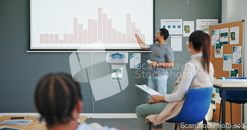Image of Presentation, business man and screen charts, graphs or data analytics in workshop, seminar or meeting. Leadership, growth strategy and manager, speaker or presenter statistics analysis with audience