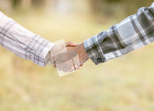 Image of Handshake, thank you and shaking hands outdoor of agriculture b2b partnership with teamwork. Welcome, hiring and networking deal hand sign of people in nature with blurred background and trust