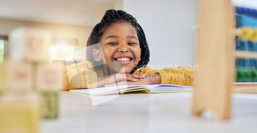 Image of Education, child and girl writing at table for homework, lesson and home school activity in her house. Learning, student and child development, student and distance learning, smile and happy drawing