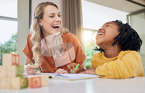 Image of Laugh, child development and interracial family in a home learning in a living room with drawing. Parent love, funny joke and mother care with girl together in a house with study game and toys