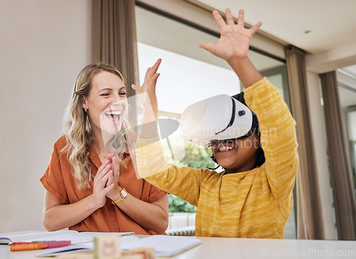 Image of Mother, virtual glasses and black girl, learning and homework for education, futuristic and growth. Vr, future and mama with daughter, kid and homework for child development, technology and