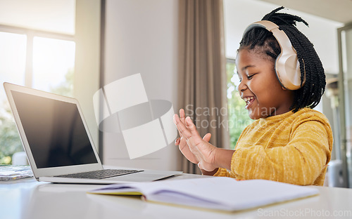 Image of Digital, child education and computer of a kid learning knowledge development at home. Happy, headphones and young person counting numbers with hands in a house for school elearning with happiness