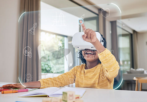 Image of African girl child, vr learning and home with 3d overlay, hand and futuristic ux for homework, study and happy. Young female, school student and ar ui for education, development and smile at table