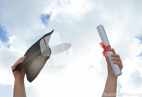 Image of University, graduation and hands in sky with certificate to celebrate success in college education. Learning, knowledge and winning future, celebration of studying achievement and graduate class win