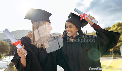 Image of Student, friends and graduation certificate hug of graduate students together at celebration. Diploma success, happiness and excited women with school, education and university achievement outdoor