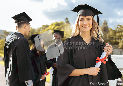 Image of Woman, student and portrait smile for graduation, ceremony or achievement in higher education. Happy female academic learner holding certificate, qualification or degree for university scholarship