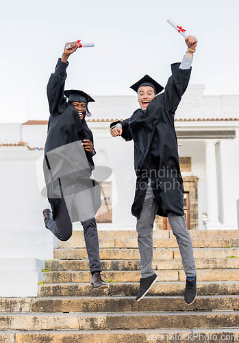 Image of Graduation celebration, friends portrait and certificate of students on university steps jumping. Wow, diversity and motivation of college graduate at student building happy about school achievement