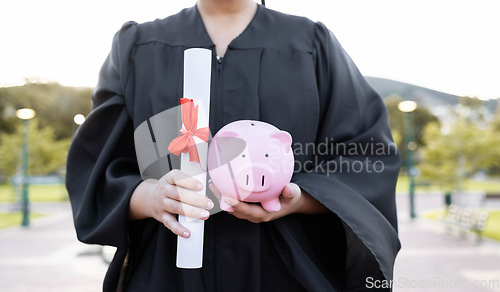 Image of Piggy bank, saving and university diploma in hands of woman graduate with education scroll. Study paper, scholarship and college trust fund of a woman hand at college event with money for future