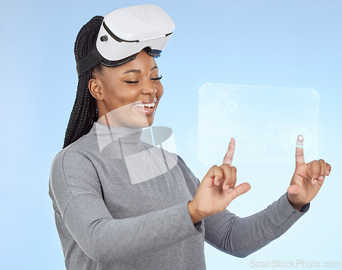 Image of Black woman, virtual reality and touching futuristic display, hologram or screen against a blue background. African American female in future digital transformation, metaverse or 3D interaction on VR