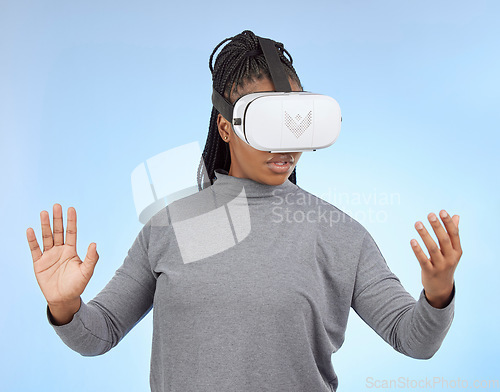 Image of Vr, gaming and wow with black woman and metaverse for future, cyber and 3d system. Media, ui and web technology with girl gamer and headset for internet, augmented reality and data analytics graphics