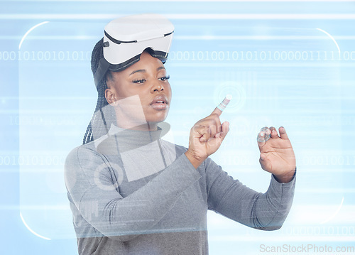 Image of Vr, augmented reality and digital with black woman and 3d hologram for future, cyber and metaverse. Media, ui and technology with girl and headset for ux interface, innovation and data graphics