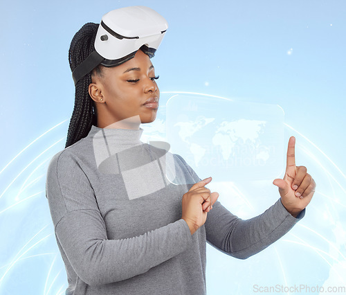 Image of Vr, augmented reality and digital with black woman and 3d hologram for future, cyber and metaverse. Media, ui and technology with girl and headset for ux interface, innovation and data graphics