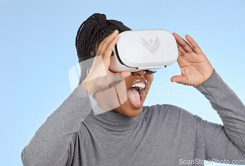 Image of Vr, gaming and wow with black woman and metaverse for future, cyber and 3d system. Media, ui and web technology with girl gamer and headset for internet, augmented reality and data analytics graphics