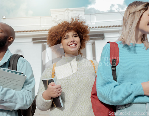 Image of Campus, university and black people or student walking outdoor, happy for education, knowledge and college. Young gen z friends, woman or person with vision for school, scholarship and philosophy