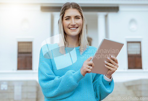 Image of Woman student, tablet and portrait of a young person by education, learning and university building. Online, happy and college app of a female with a smile ready for school with blurred background
