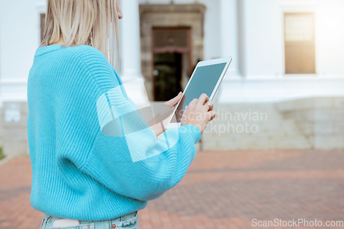 Image of Tablet, screen and woman hands or student for university course, online education and elearning website. Digital, 5g technology and gen z person typing email for college application or scholarship