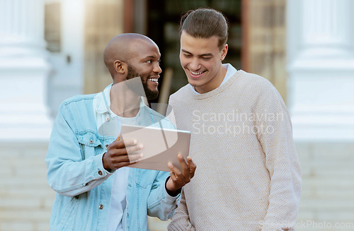 Image of Tablet, university and students with study teamwork, planning and talking of online education or course website. Happy black man, people or friends on college campus, studying with digital technology