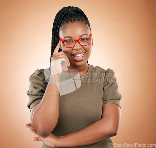 Image of Portrait, glasses or black woman with smile, leadership or confident girl on brown studio background. Face, African American female or happy lady with eyewear, comfortable or smart person on backdrop